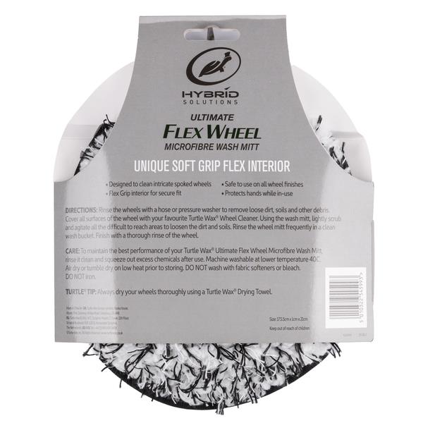 The back packaging of Turtle Wax's Ultimate Flex Wheel Microfiber Wash Mitt is shown, focusing on its unique soft grip interior. 