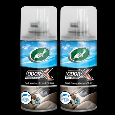 Two cans of car air freshener, with a Turtle Wax logo, promise new car scent for up to 30 days, tackling unwanted odours inside.