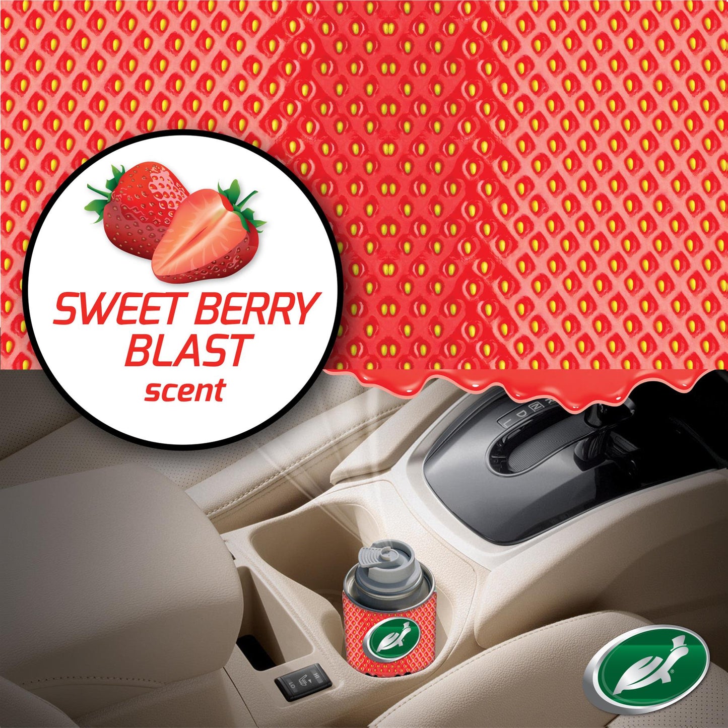 Turtle Wax blast sweet berry scent detailer for car interior. A can of air freshener inside a car's cup holder.