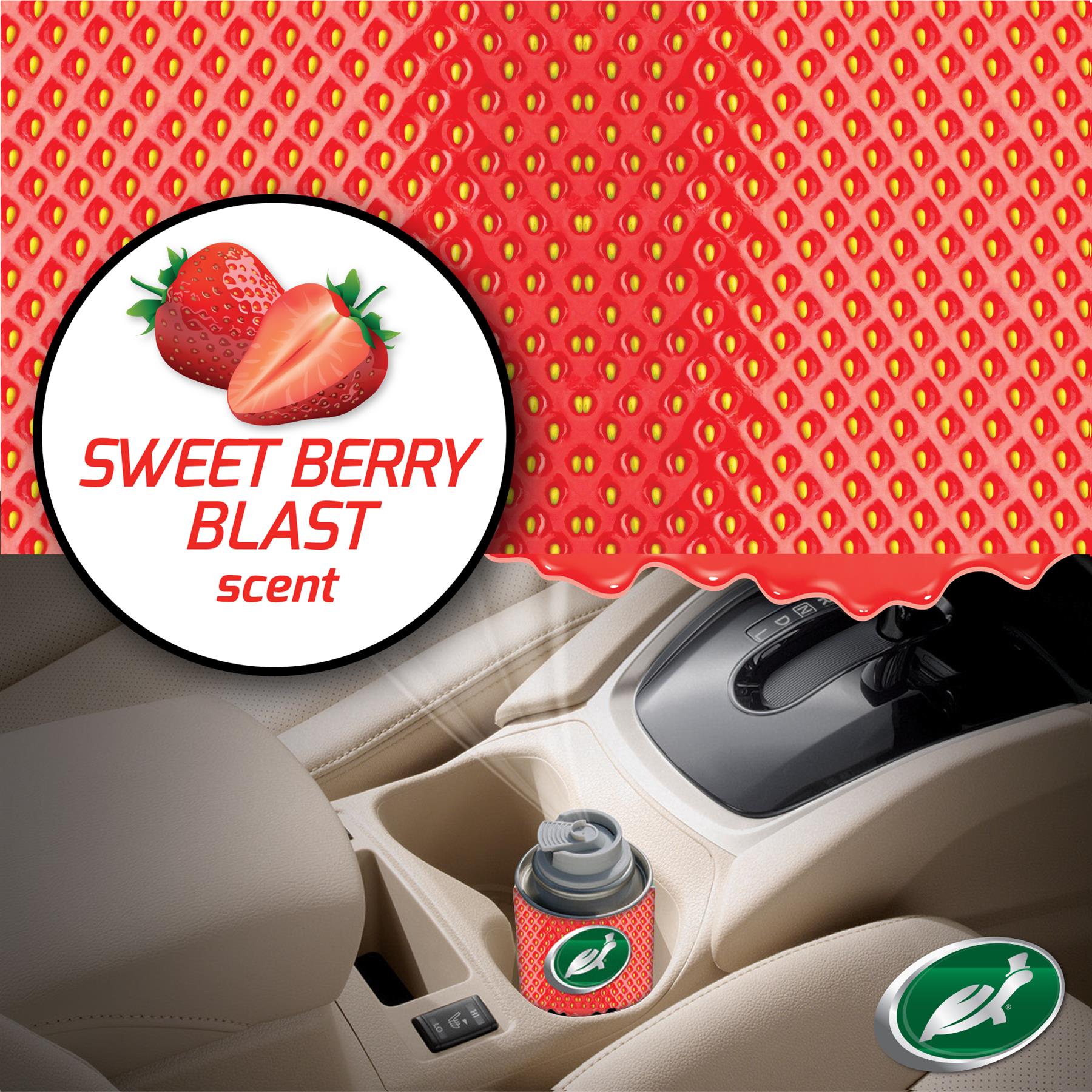 Turtle Wax blast sweet berry scent detailer for car interior. A can of air freshener inside a car's cup holder.