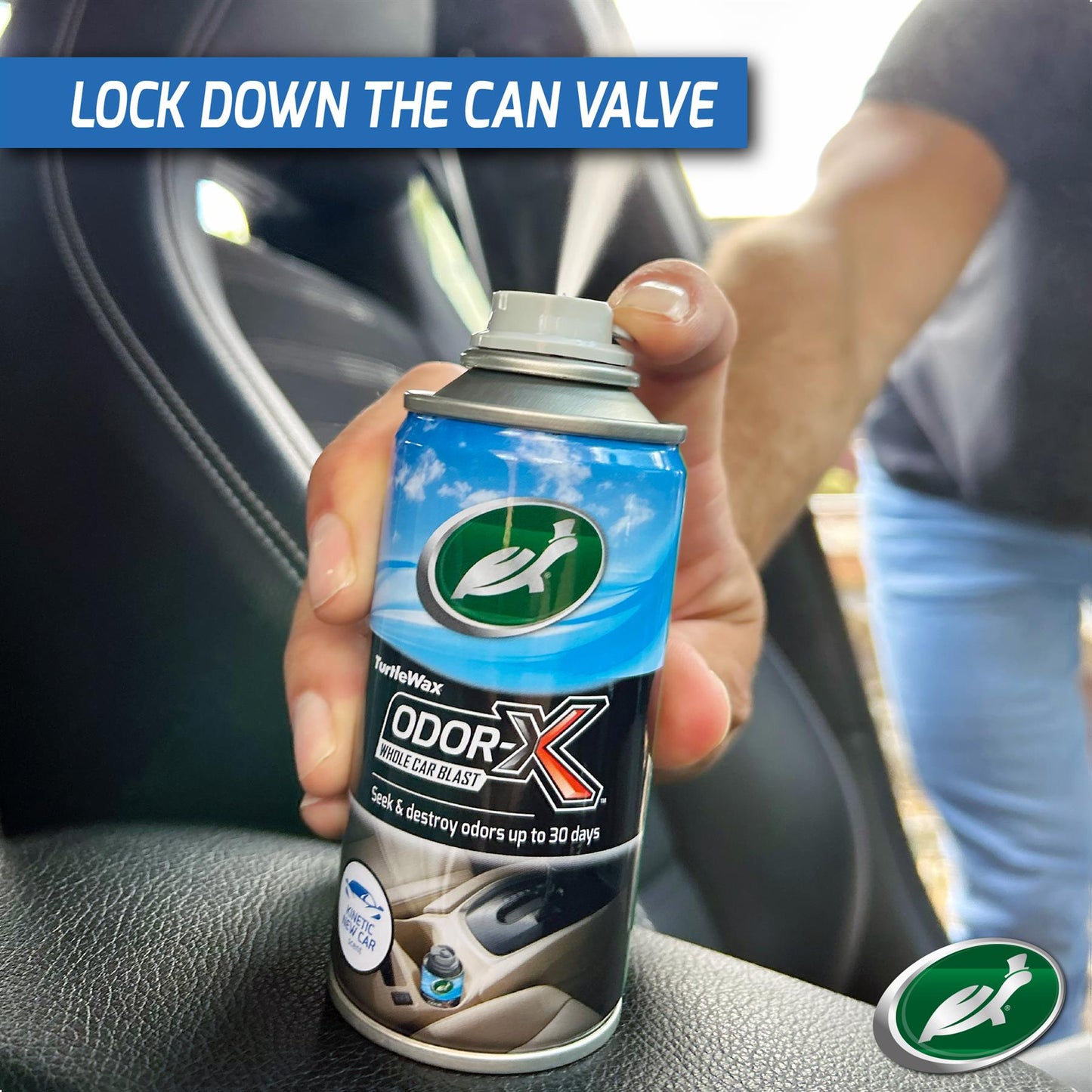 Turtle Wax Odor-X car air freshener can. It eliminates odours for up to 30 days, with a 'Kinetic New Car' scent.
