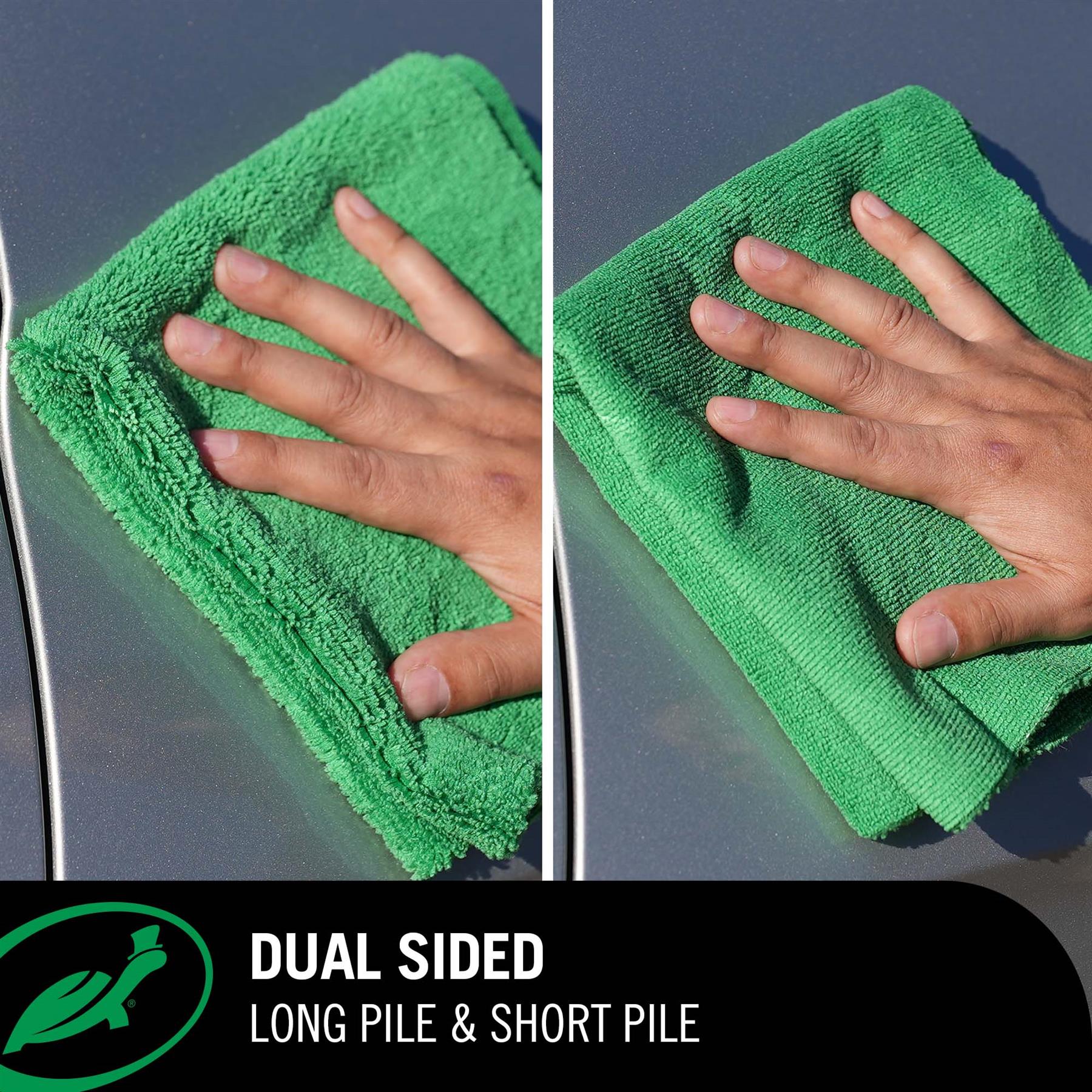 Turtle Wax Deluxe Microfibre Dual Action Towel side by side image of showing dual sided capabilities 