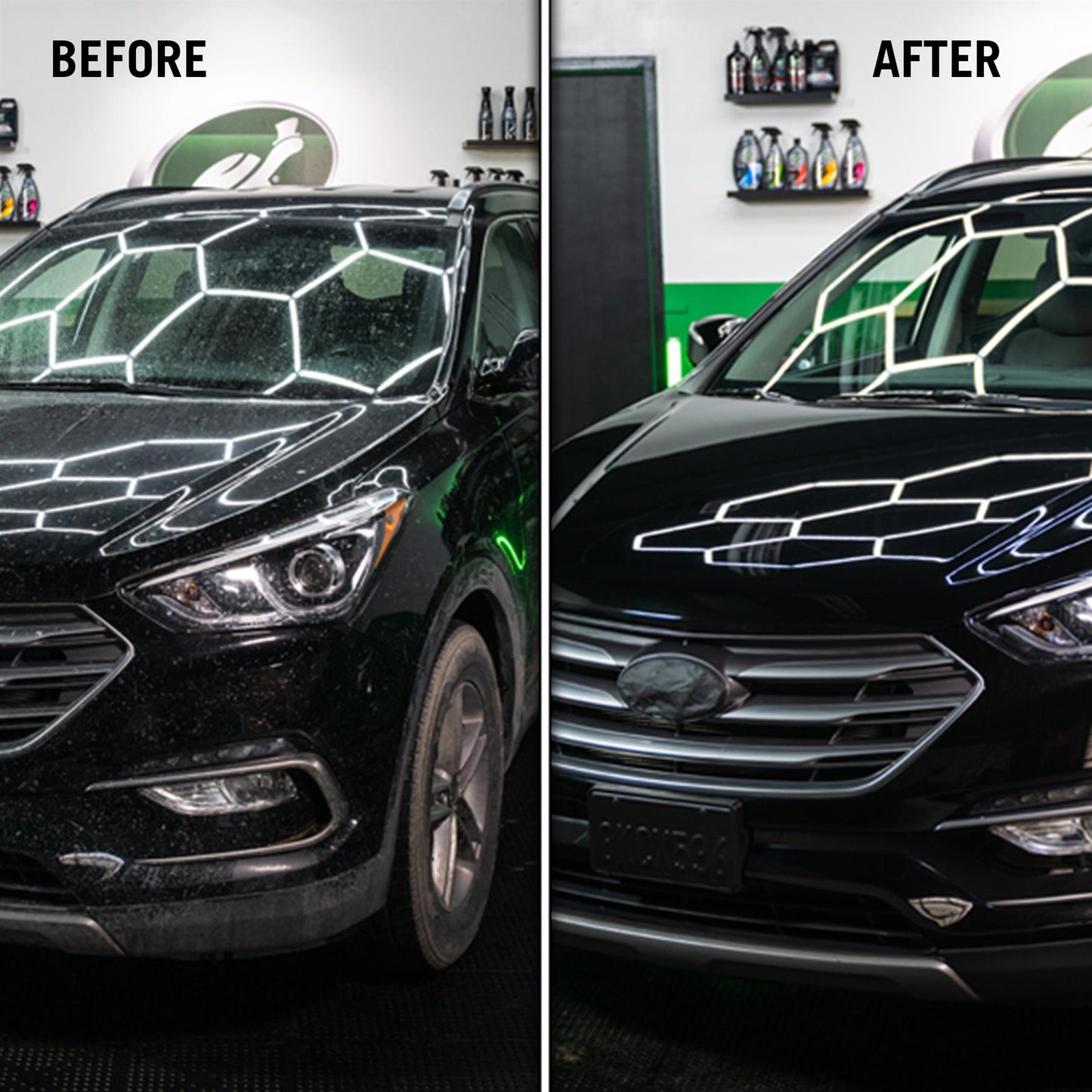 Before-and-after of a dirty black car, then sparkling clean. Features a Turtle Wax logo in the background.