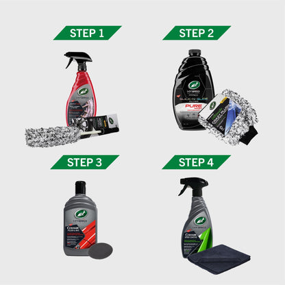 Turtle Wax Hybrid Solutions shown in 4 steps: wheel cleaner, car wash, polish & wax, and ceramic spray for auto detailing in the UK.
