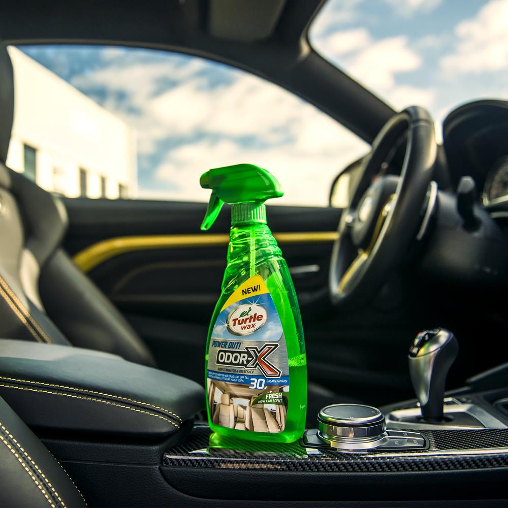 Turtle Wax Odour eliminator. 500ml spray bottle of in-car air freshener. New car scent for interior detailing. Automotive cleaning.
