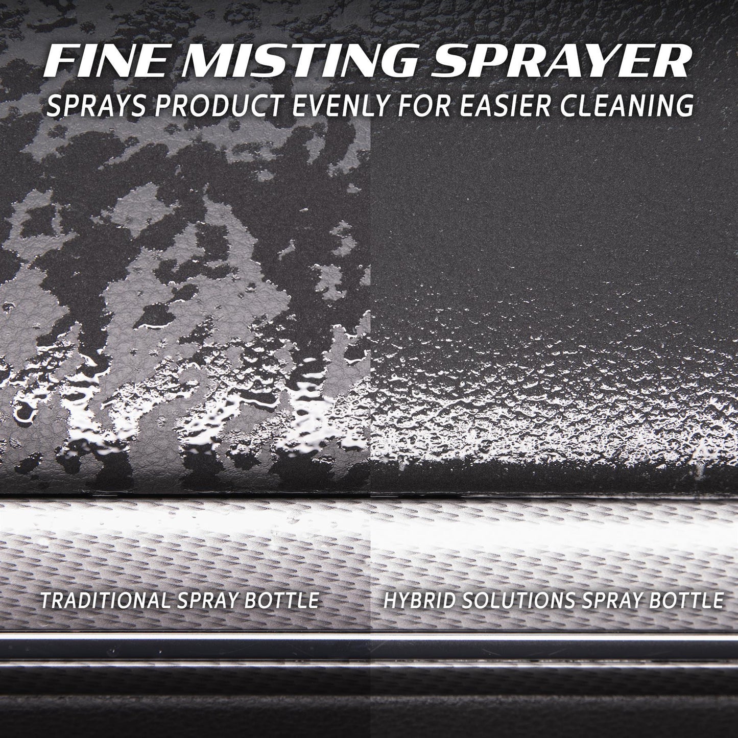 Fine misting detailer shows even interior surface coverage vs traditional spray. Ideal for car care enthusiasts.

