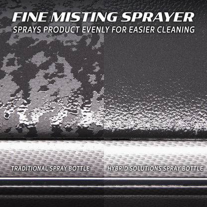 Fine misting detailer shows even interior surface coverage vs traditional spray. Ideal for car care enthusiasts.
