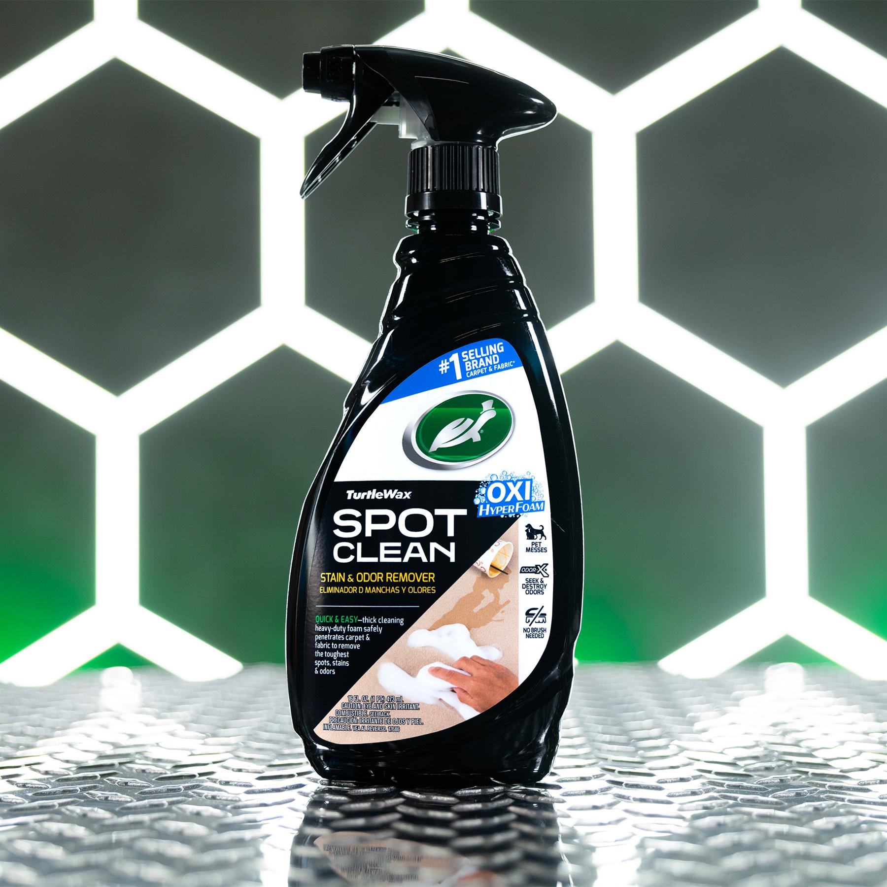 Turtle Wax Spot Clean stain and odour remover. Hyperfoam action tackles messes. Pet-friendly. No brush needed. 500ml spray bottle.