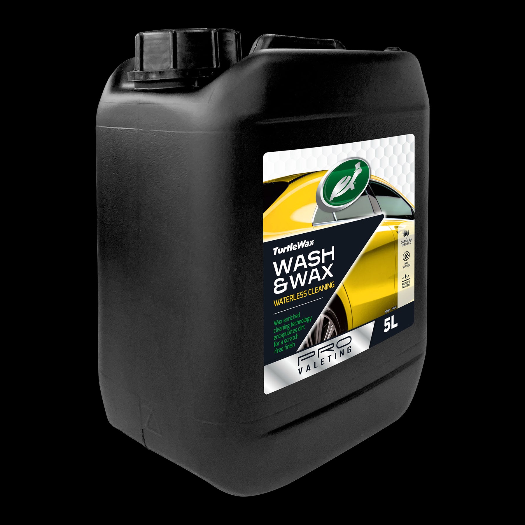 Turtle Wax Wash & Wax 5L for waterless car cleaning. Wax enriched, with carnauba for a scratch-free finish. Pro valeting grade.