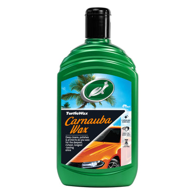 Turtle Wax Carnauba, a 500ml car wax in green bottle. Easy application for a long-lasting shine, detailing and protection.