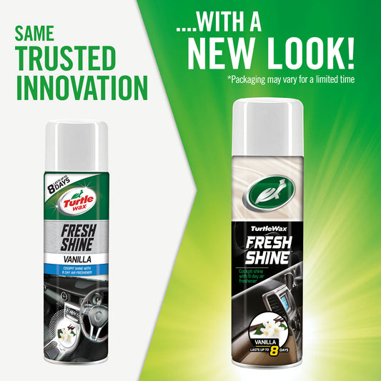 Turtle Wax Fresh Shine Vanilla cockpit detailer new look. Offers an 8 day air freshener. For cleaning and protecting car interiors.