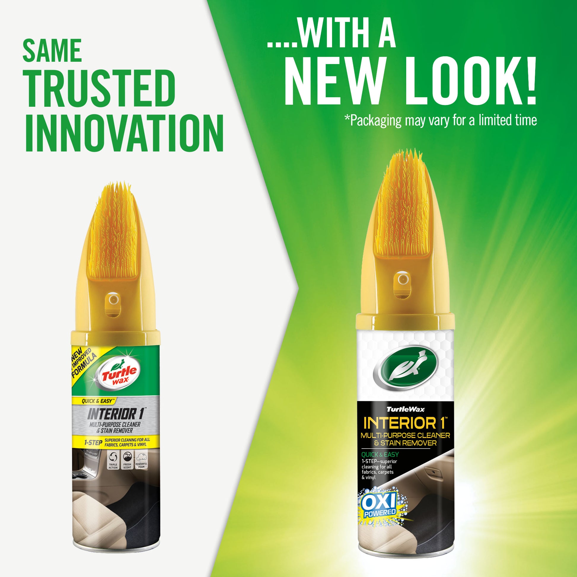 Turtle Wax Interior 1 brush-top bottle. Car upholstery cleaner for fabric, carpets, and vinyl. New look, same trusted innovation.