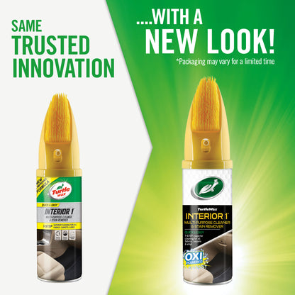Turtle Wax Interior 1 brush-top bottle. Car upholstery cleaner for fabric, carpets, and vinyl. New look, same trusted innovation.