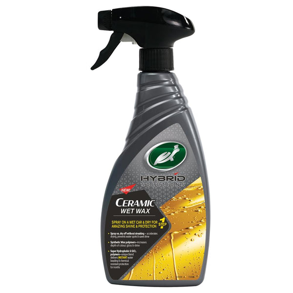 HS Ceramic Wash & Wax bottle featured in an outdoor wash scene, staged next to a black sports car and foam-filled bucket.