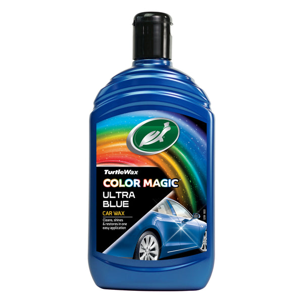 Front-facing view of Turtle Wax Colour Magic Ultra Blue Car Wax in a 500ml bottle, designed for enhancing the shine of blue-colored vehicles.