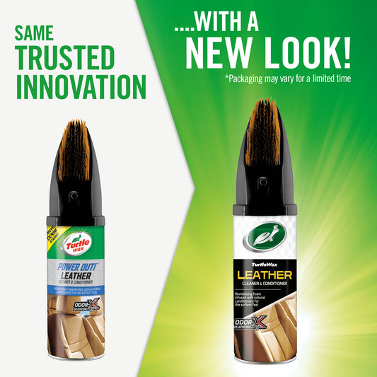 Turtle Wax Leather Cleaner & Conditioner, revitalising foam for car interiors. Removes denim stains and destroys odours. Brush applicator.
