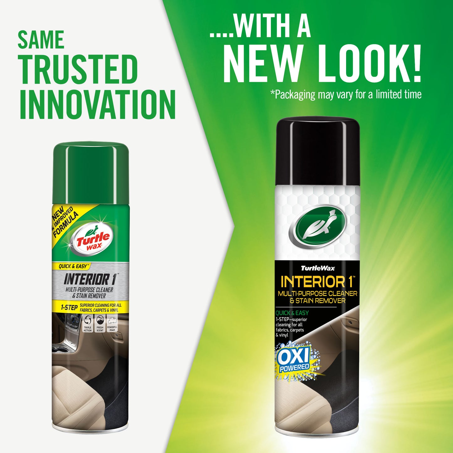 Turtle Wax Interior 1, multi-purpose cleaner and stain remover. Car upholstery cleaner suitable for fabrics, carpets, and vinyl. Oxi powered formula.
