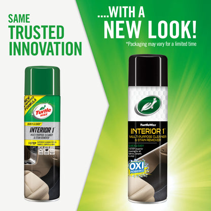 Turtle Wax Interior 1, multi-purpose cleaner and stain remover. Car upholstery cleaner suitable for fabrics, carpets, and vinyl. Oxi powered formula.