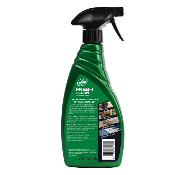 Back of Turtle Wax Fresh Clean 500ml bottle showing usage directions, safety info, and full product label.