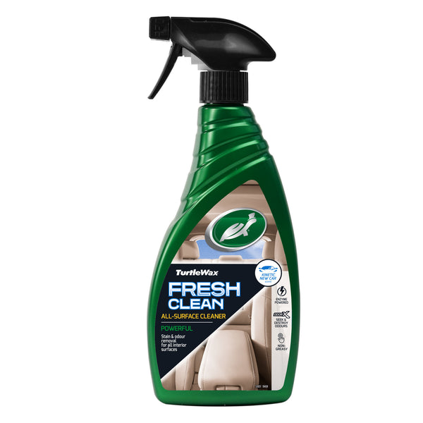 Front view of Turtle Wax Fresh Clean 500ml trigger spray bottle with blue and green label for fabric and interior cleaning.