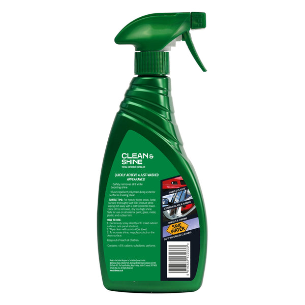 Back label of Turtle Wax Clean & Shine 500ml bottle showing usage directions and safety info.