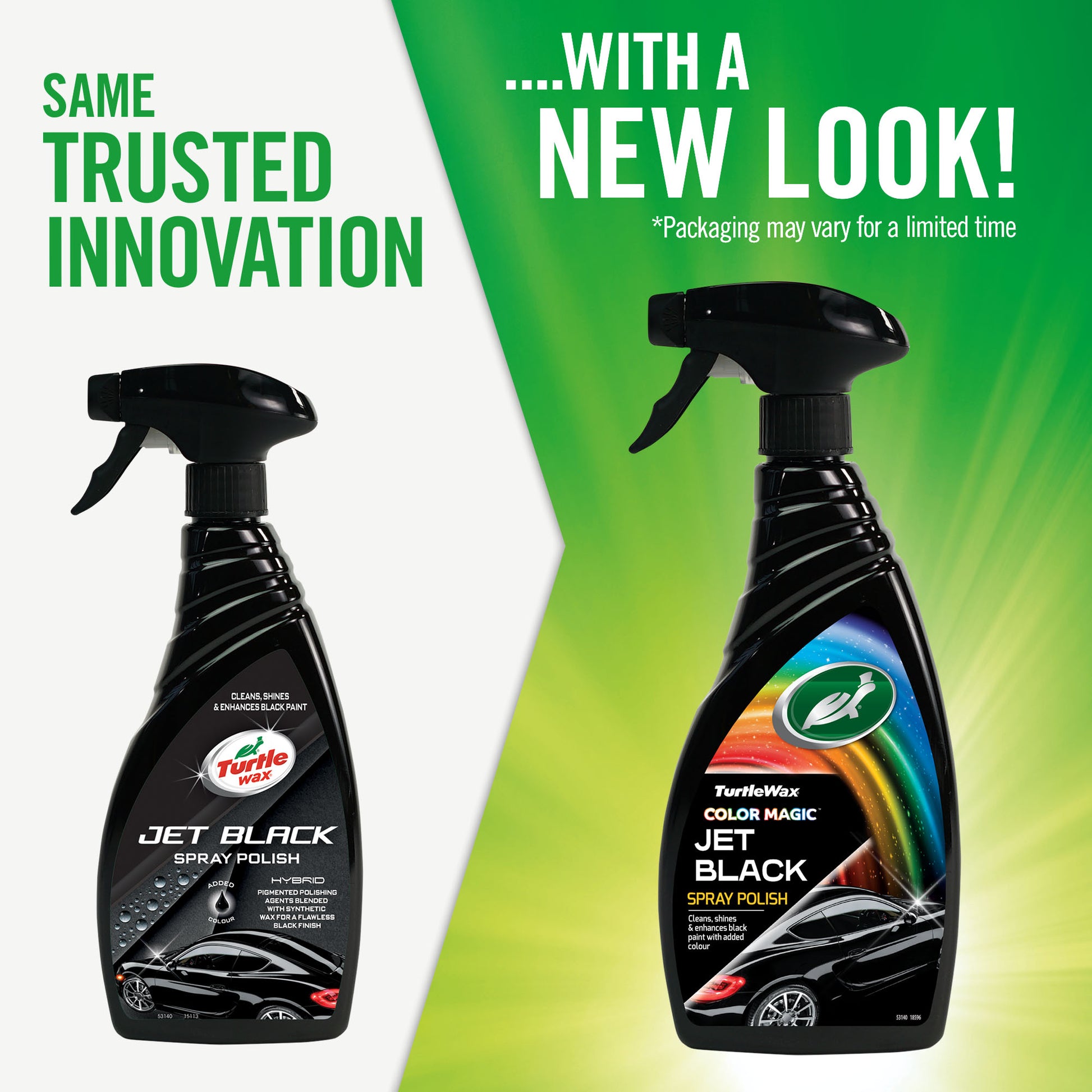 Turtle Wax Jet Black spray polish with colour enhancement for black cars. Features updated packaging.