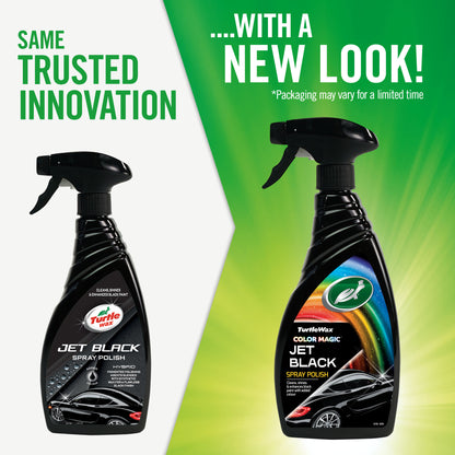 Turtle Wax Jet Black spray polish with colour enhancement for black cars. Features updated packaging.