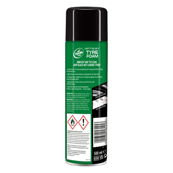 Back label of the Wet 'n' Black Tyre Foam can, showing instructions, usage guidance, and hazard symbols.