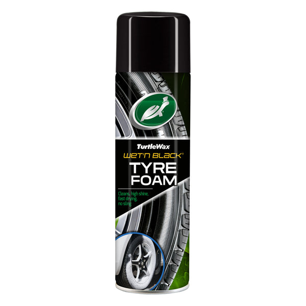 Front-facing image of Turtle Wax Wet 'n' Black Tyre Foam 500ml can with a bright yellow cap and bold black label highlighting product features.
