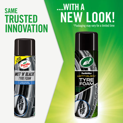 Turtle Wax Wet 'n' Black Tyre Foam cleans and adds shine. A new look, but same trusted innovation. No sling formula.