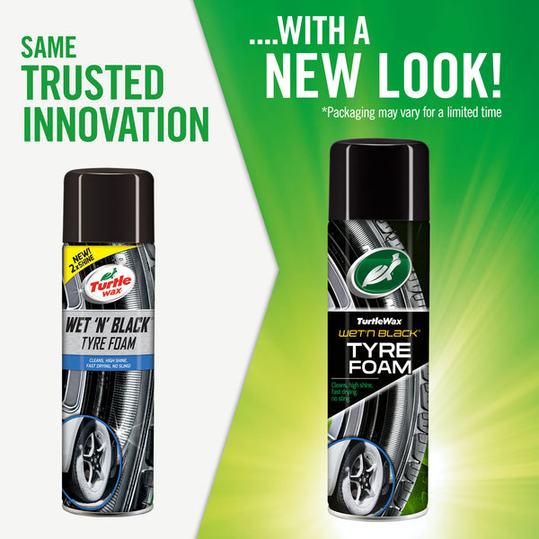 Turtle Wax Wet 'n' Black Tyre Foam cleans and adds shine. A new look, but same trusted innovation. No sling formula.