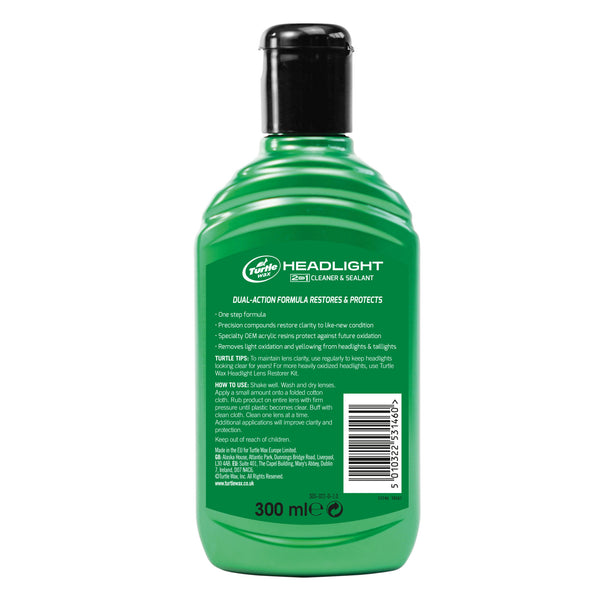 Back of Turtle Wax Headlight Cleaner & Sealant 300ml bottle with application instructions and safety icons clearly legible.