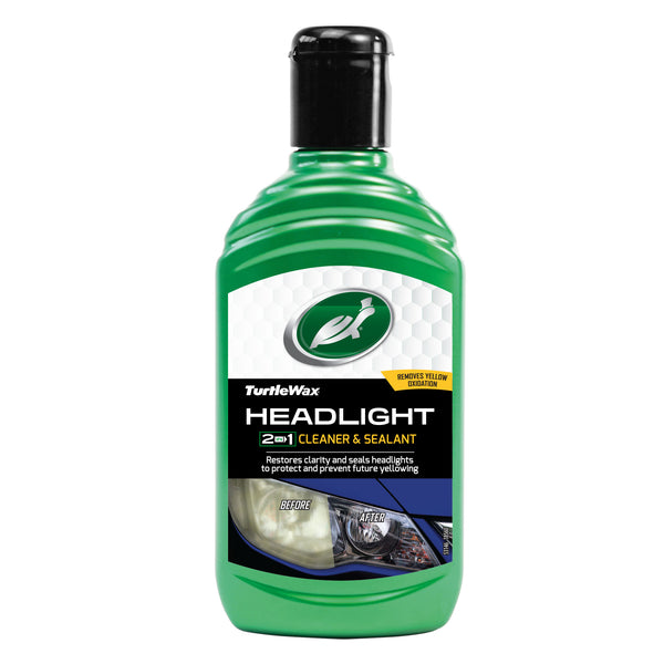 Product image of Turtle Wax Headlight Cleaner & Sealant 300ml with clear branding and visual cues highlighting restoration and UV protection benefits.