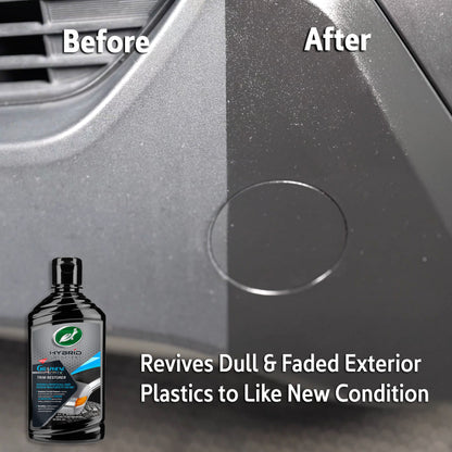 Car trim transformation: See a faded car bumper revived with a Turtle Wax graphene-acrylic solution. Before & after comparison.