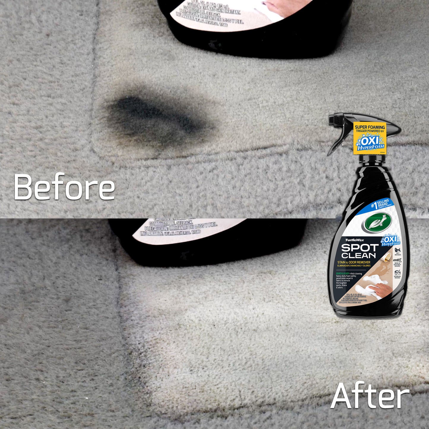 Turtle Wax Spot Clean: Before & After. A dirty rug with a stain is spotless post-treatment with this stain & odour remover.
