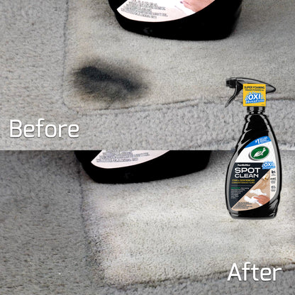 Turtle Wax Spot Clean: Before & After. A dirty rug with a stain is spotless post-treatment with this stain & odour remover.