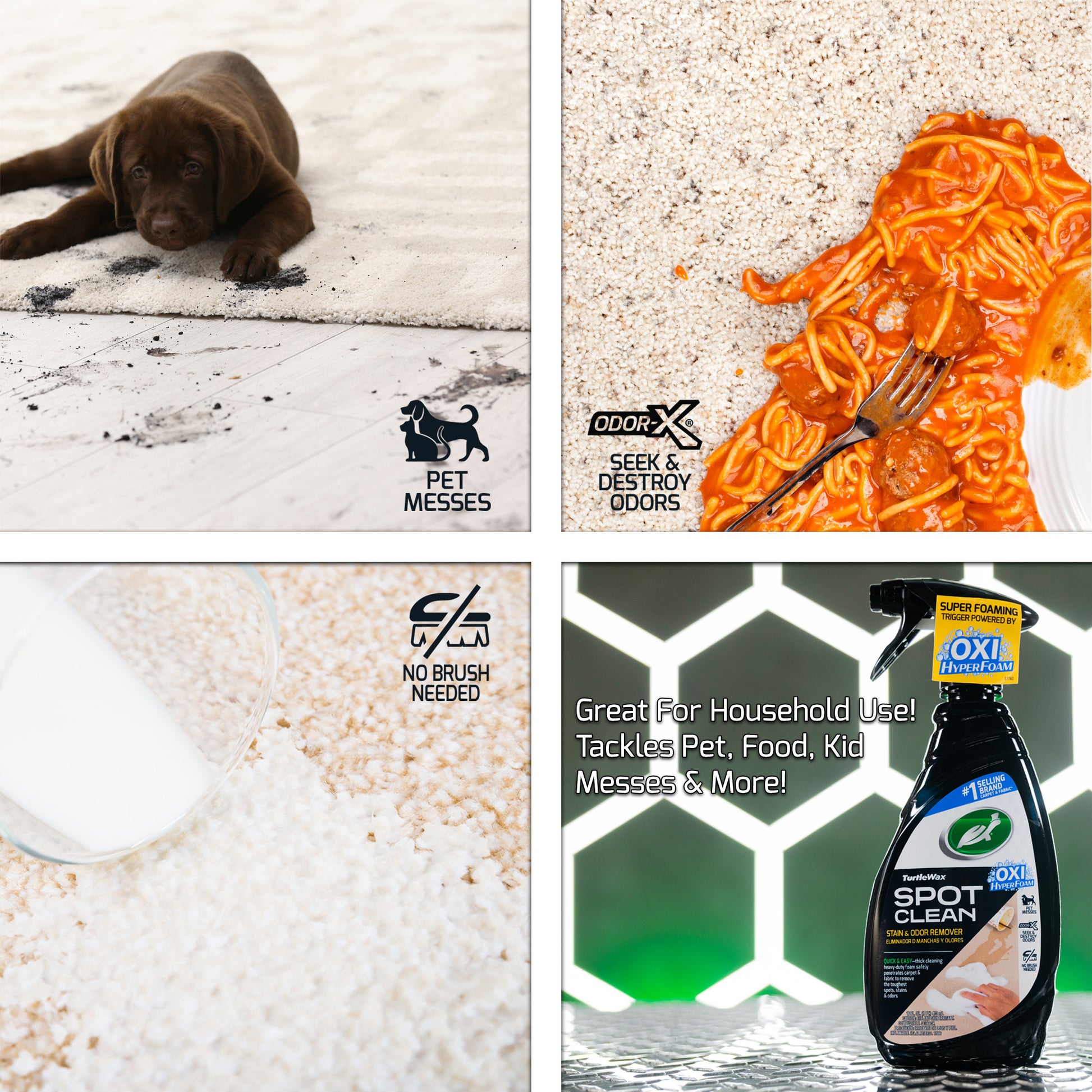 Turtle Wax Spot Clean tackles household messes: pet mishaps, spilled milk, & spaghetti stains. No brush required.
