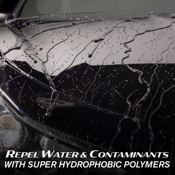 Front view of a purple and black bottle labeled HS Ceramic Spray, showcasing a fine mist spray nozzle and detailed text about paint protection benefits.