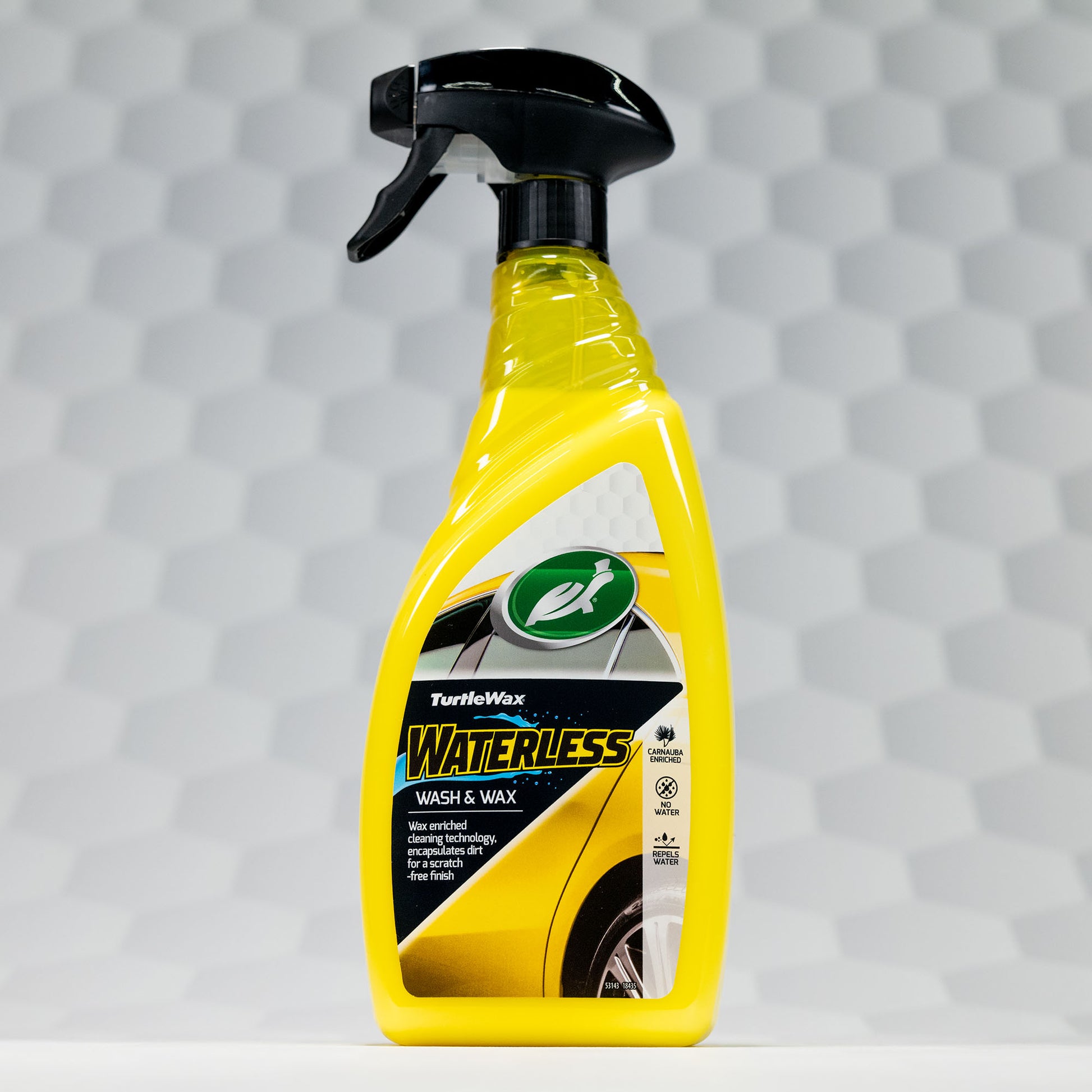Turtle Wax waterless car cleaner & wax in a yellow 750ml spray bottle. Cleans and protects your car without water. Wax-enriched.