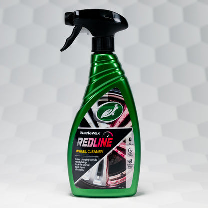 Turtle Wax Redline wheel cleaner in green bottle with black spray nozzle. Removes brake dust with pH balanced formula.
