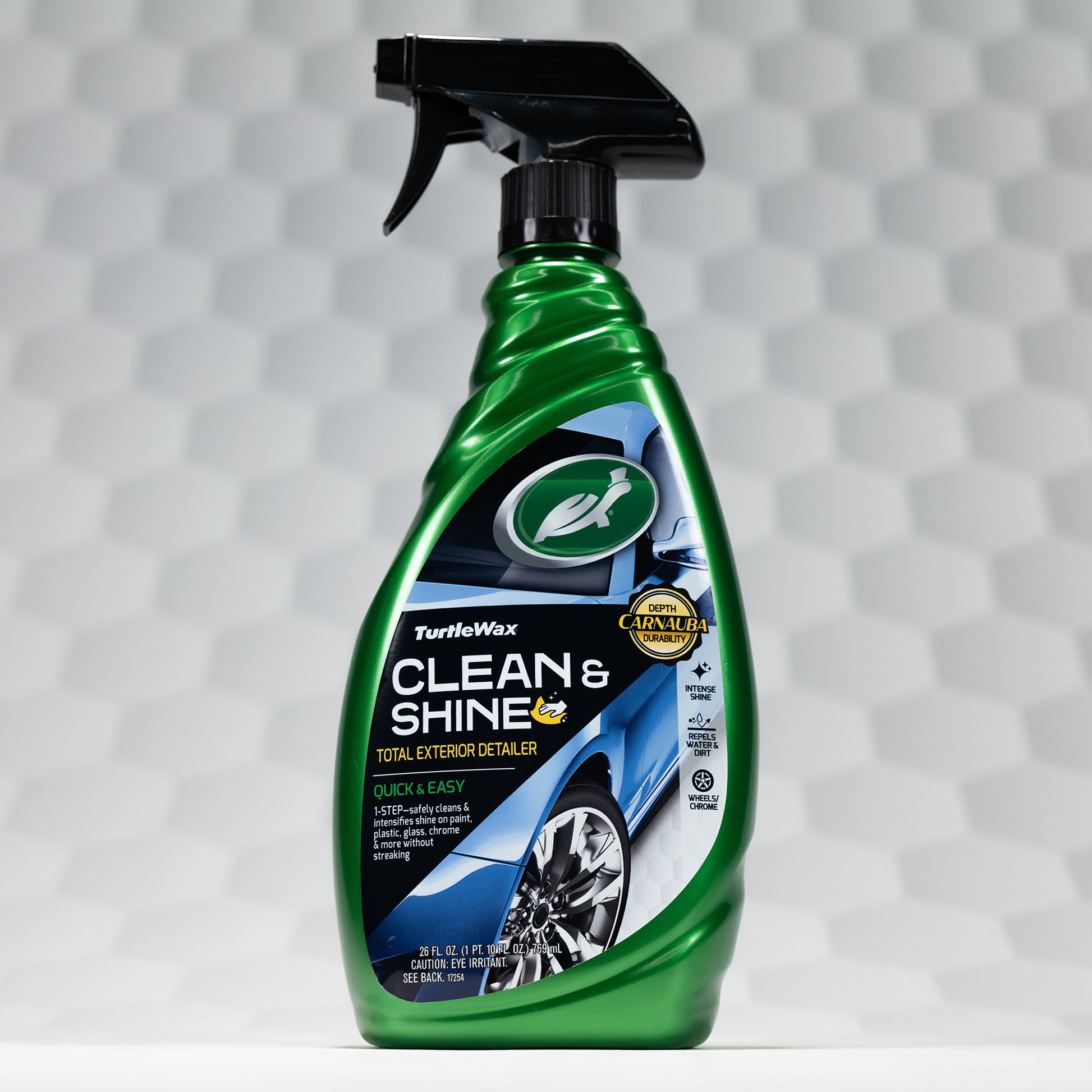 Turtle Wax Clean & Shine. Green spray bottle for car exterior detailing. Featuring carnauba wax for durability and intense shine.