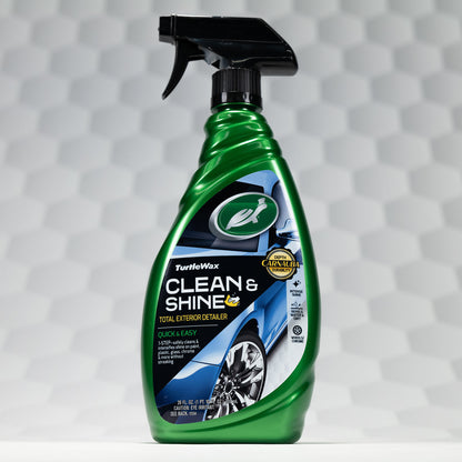Turtle Wax Clean & Shine. Green spray bottle for car exterior detailing. Featuring carnauba wax for durability and intense shine.