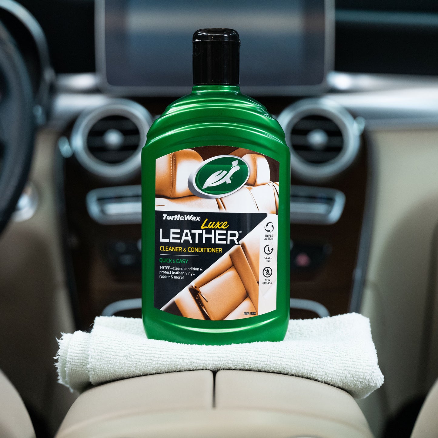 Turtle Wax Luxe Leather cleaner and conditioner for car seats. Cleans and protects leather, vinyl, and rubber.