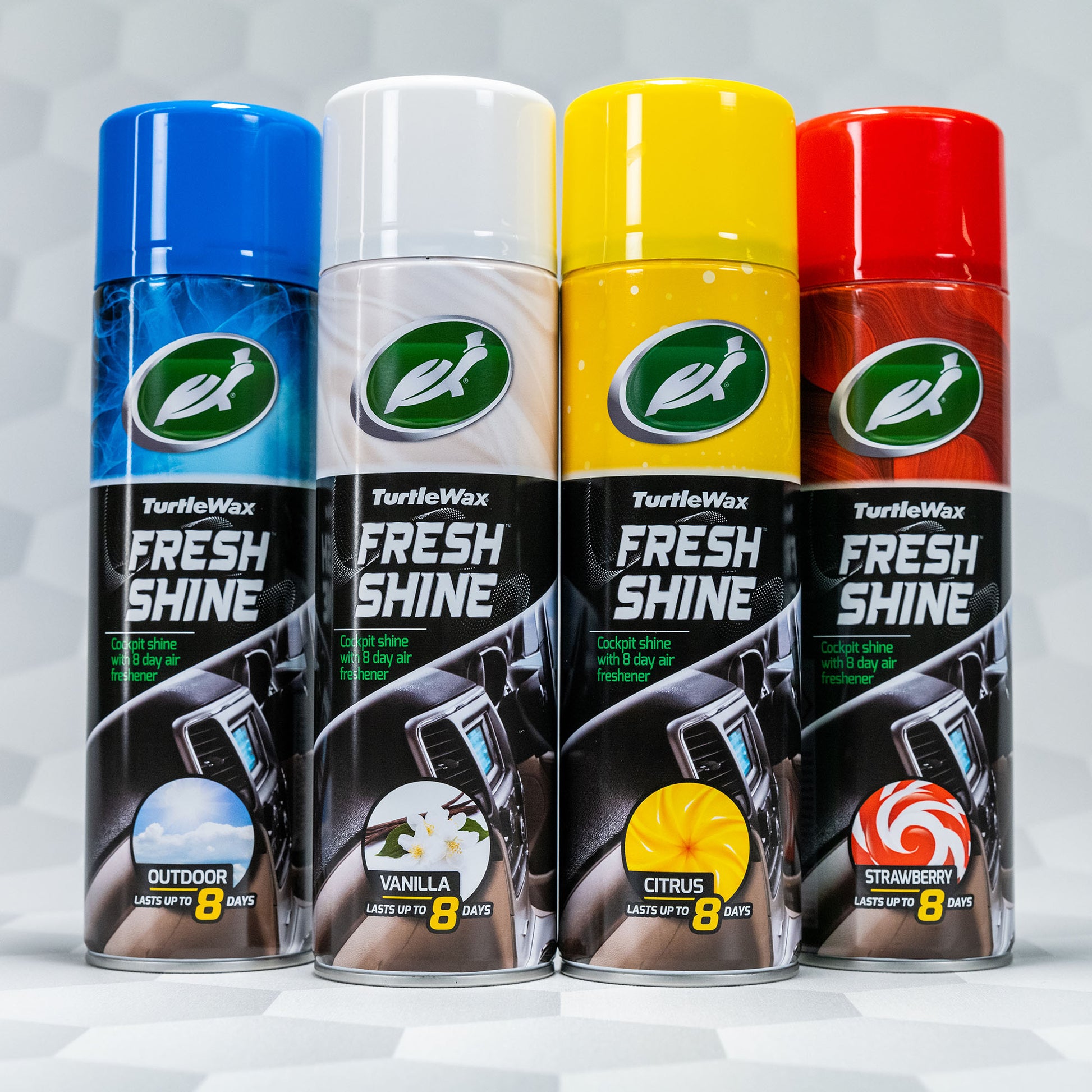 Turtle Wax Fresh Shine aerosols: Outdoor, Vanilla, Citrus & Strawberry scents. Cockpit shine with 8-day air freshener. Car care detailing.
