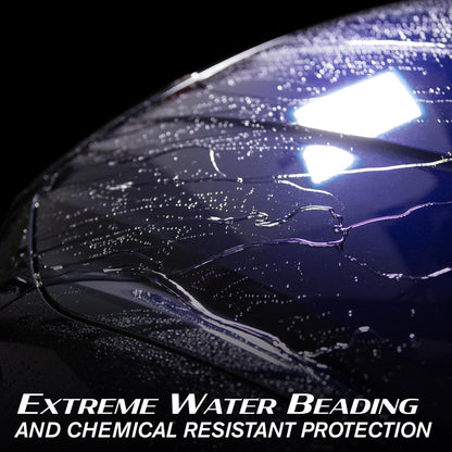 Water beading on a blue car bonnet, showcasing Turtle Wax Hybrid Solutions car care protection in a close-up.