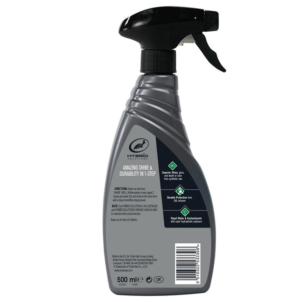 HS Wet Wax bottle on a car windshield, showing streak-free results and gloss reflection after application.