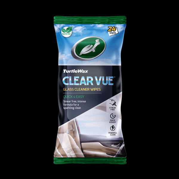 The front packaging of clear vue glass cleaner wipes is displayed
